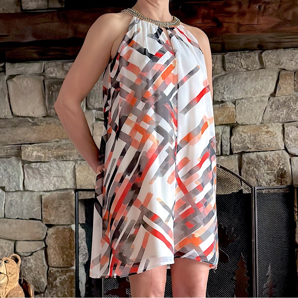 VINCE CAMUTO Trapeze Dress, OffWhite/Peach/Coral/Grey - Sz.4